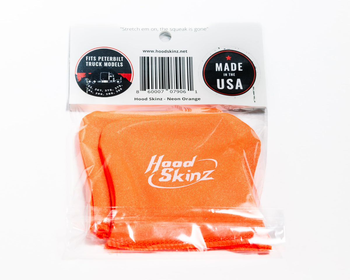 Hood Skinz Neon Orange Single Pair - Hood Skinz are a low-friction sleeve, handcrafted in the USA, to fit the upper hood supports of your Peterbilt 365, 367, 378, 379, 384, 386, 388, and 389 models.